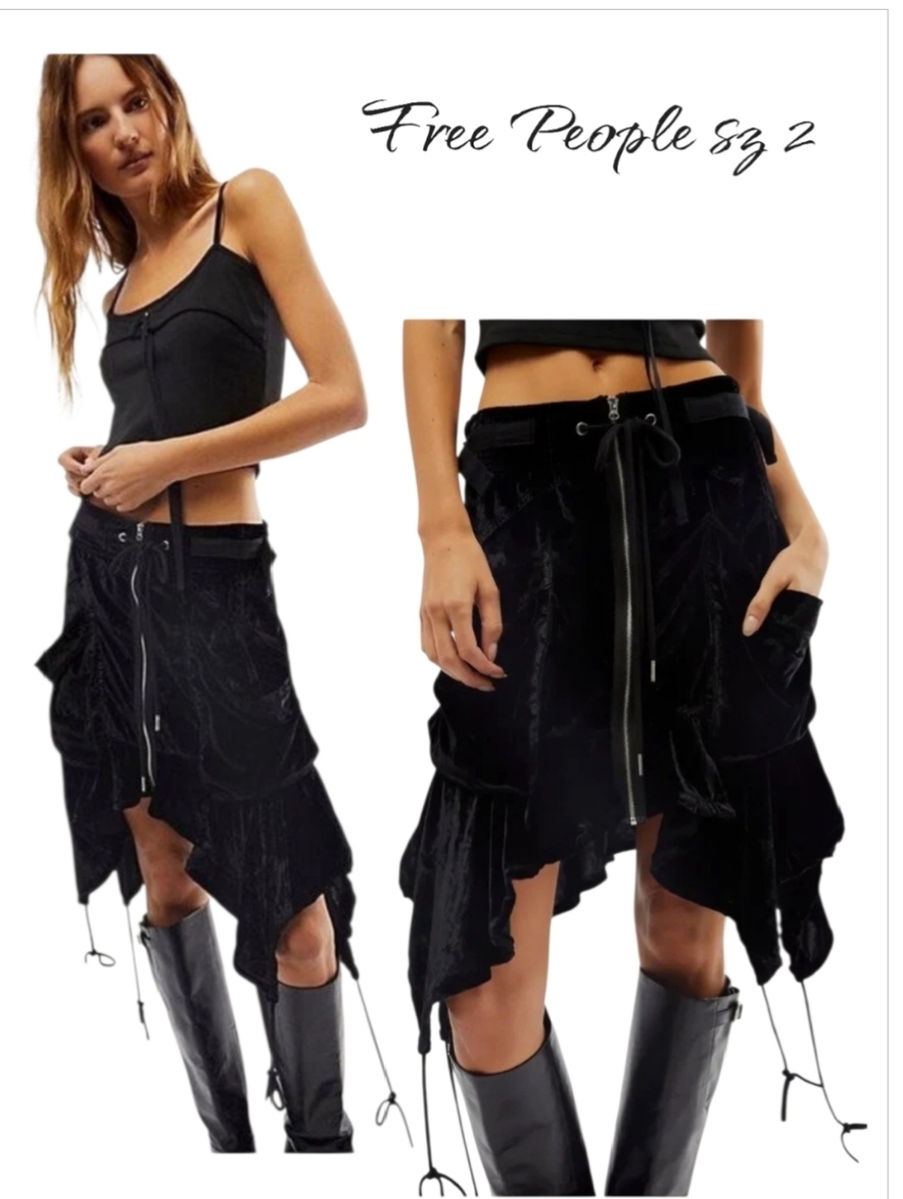 Free People Paxton Parachute Velvet Utility Skirt NWT sz 2 Black Asymmetrical